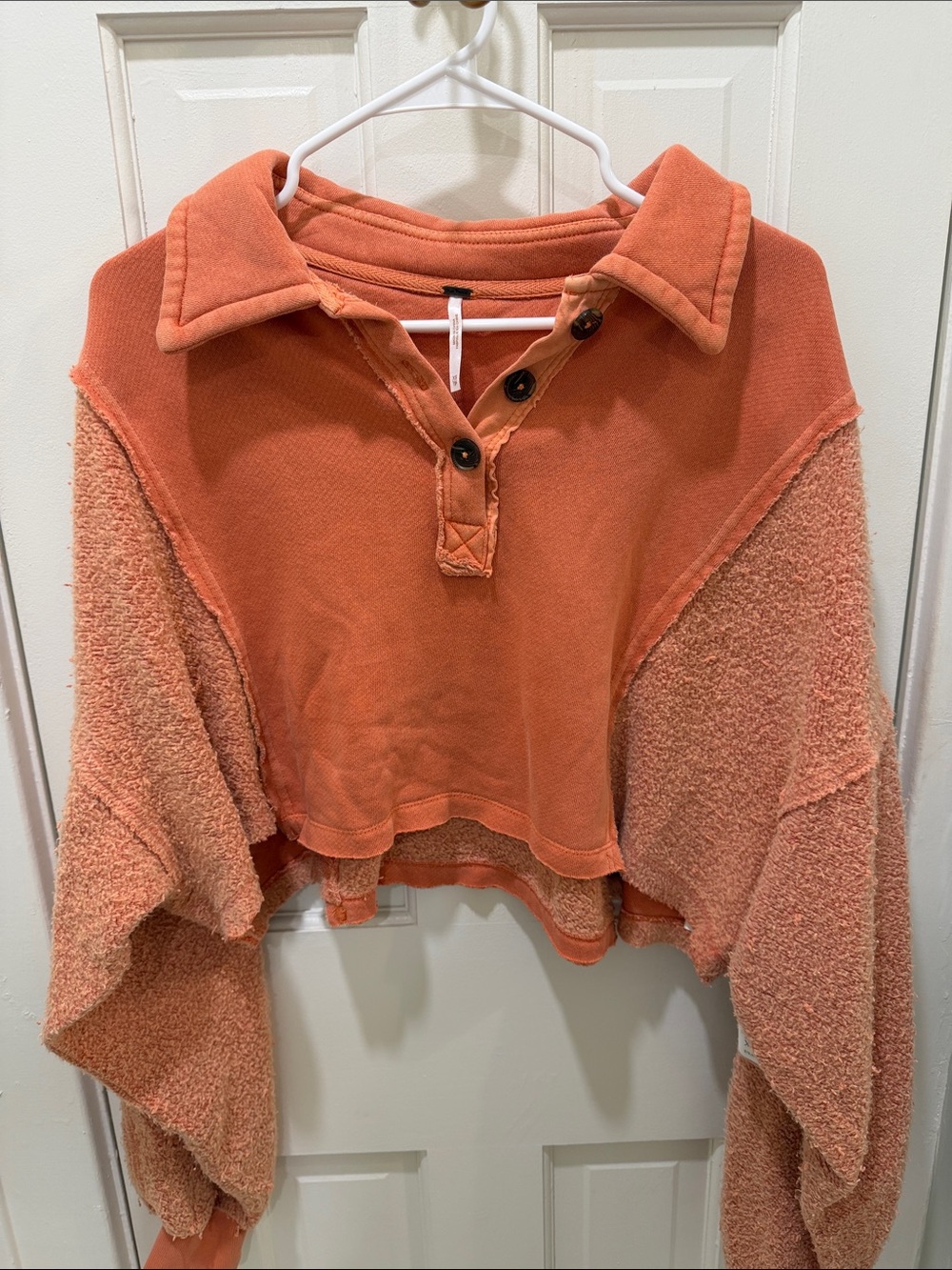 Free People Cropped Coral Button-Front Hoodie